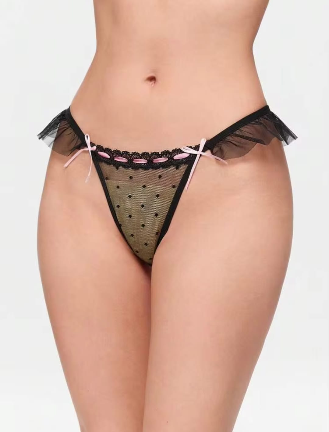 Women's Black Mesh Swiss Dot Lingerie Thong with Pink Ribbon Weave & Mesh Side Ruffles